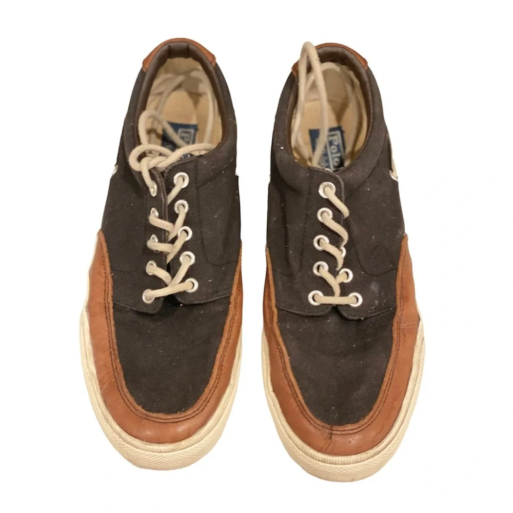 Ralph Lauren Polo Vance Boat Shoes Sneakers Canvas Leather Blue Brown 10.5 Prep